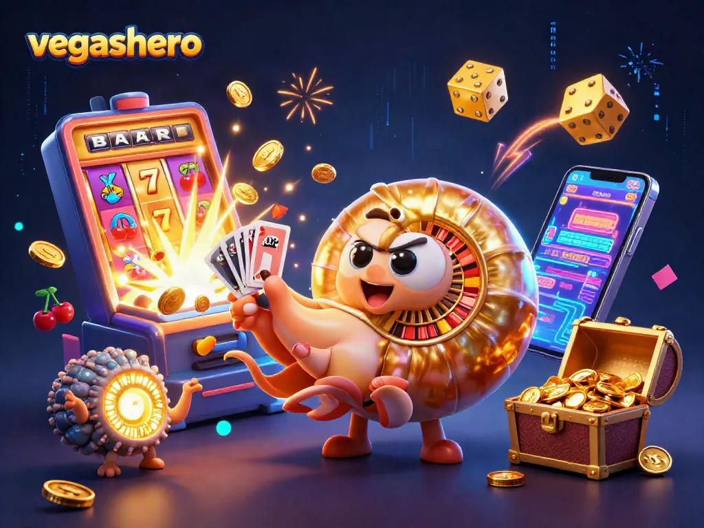 Spin the wheel with vegashero in an exciting casino-themed colorful scene filled with games and treasures.