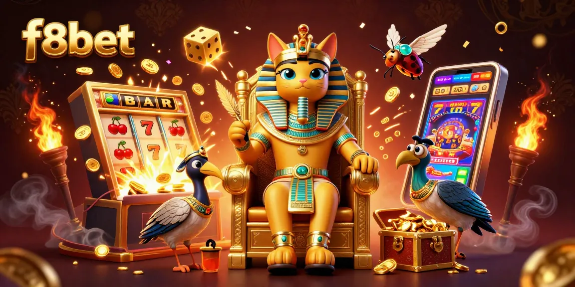 Experience thrilling jackpots at f8bet with a festive 3D casino illustration filled with vibrant symbols and characters.