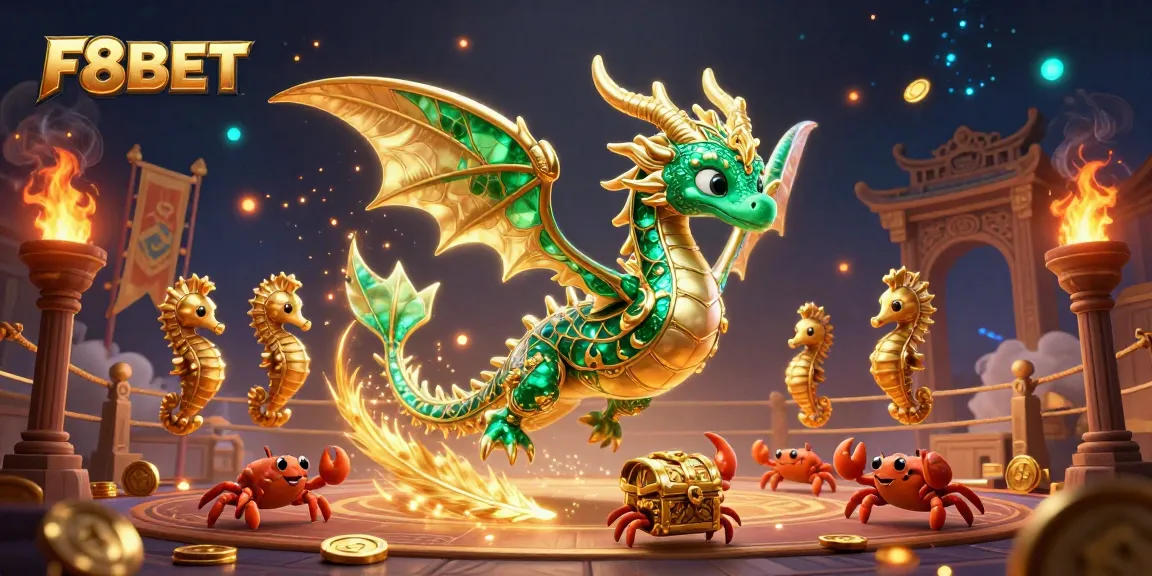 Engage with F8BET's exhilarating gaming world featuring an enchanting emerald sea dragon and vibrant treasures!