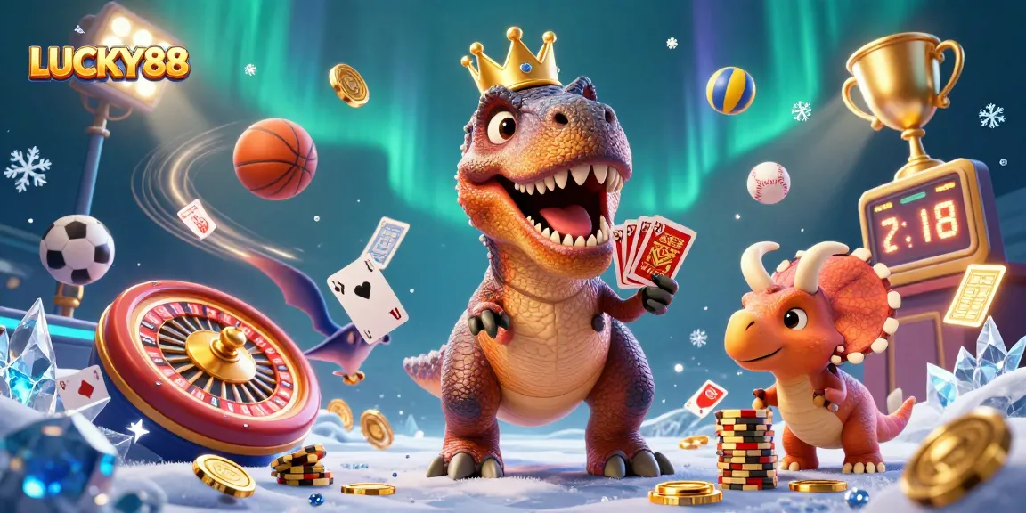 Engage with LUCKY88's thrilling 3D live casino atmosphere showcased by a friendly T-Rex and friends.