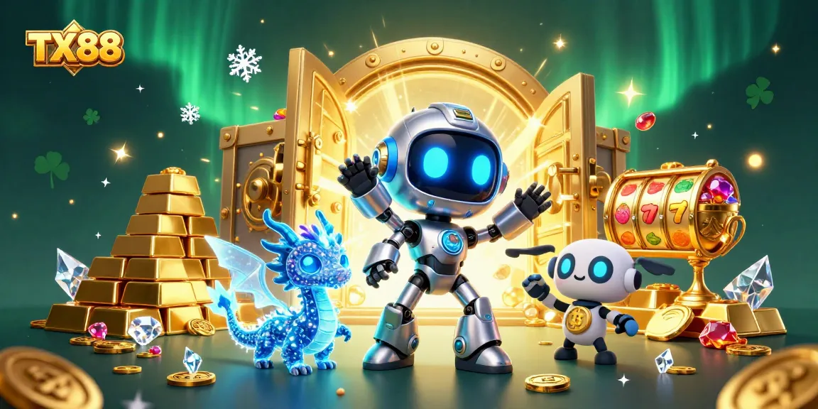 Spin to win with TX88 as a cyberpunk robot and AI dragon celebrate casino riches!