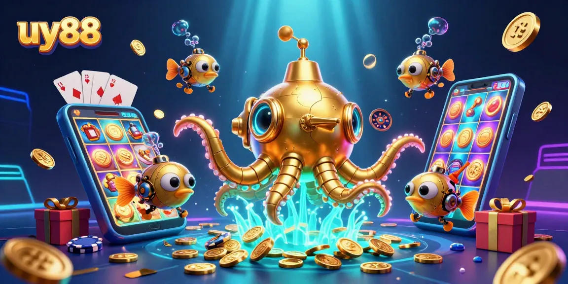 Join the adventure at uy88, where a golden kraken submarine and mechanical fish explore vibrant casino fun.