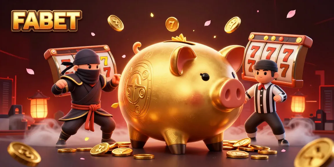 Experience FABET's vibrant casino world with a golden piggy bank sumo wrestler amidst dynamic slot reels.