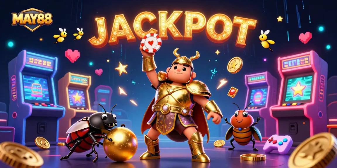 MAY88 jackpot celebration featuring a victorious hercules beetle with gaming elements illustrating fun and excitement.
