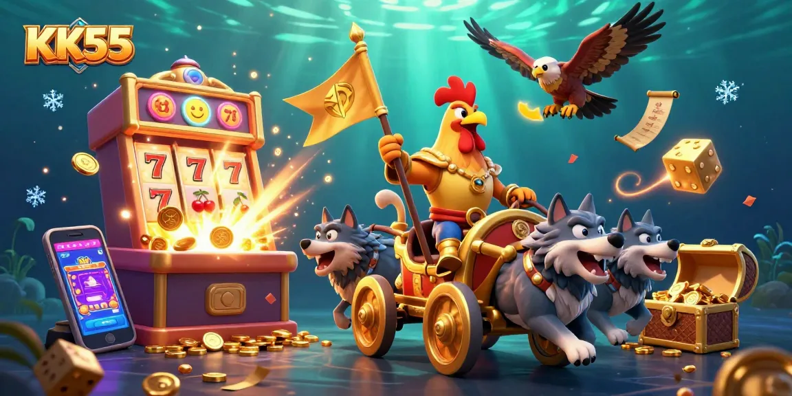 Win big with KK55 in this vibrant casino illustration featuring a dynamic rooster warlord and rich gaming elements.