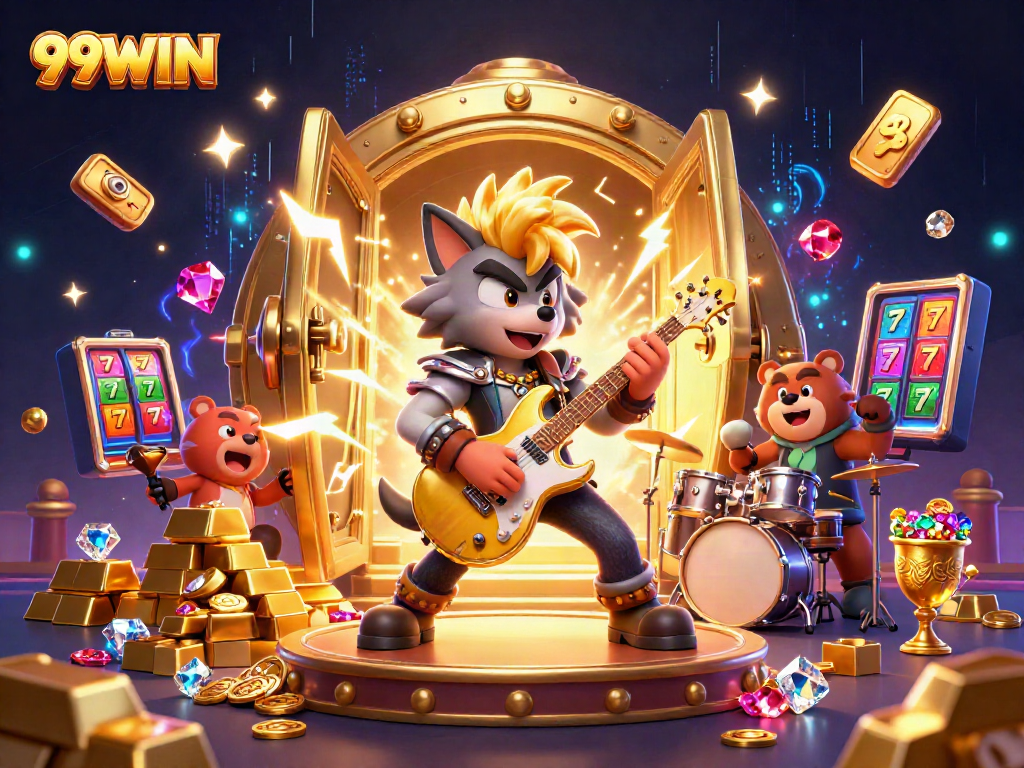 Experience thrilling gameplay with the vibrant 99WIN casino scene featuring rock star characters, gold treasures, and slot reels.