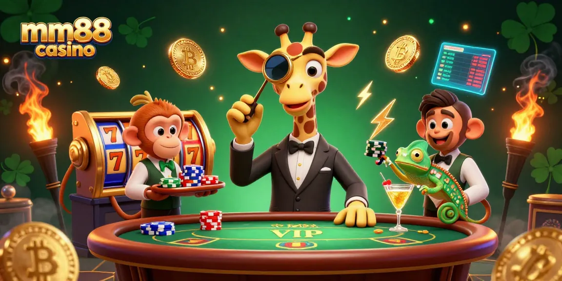 Engage with mm88 casino through vibrant slot reels overseen by a high-roller giraffe at the poker table.