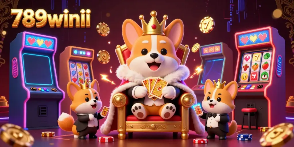Engage with 789winii in a vibrant casino scene featuring a royal corgi on a throne of poker chips.