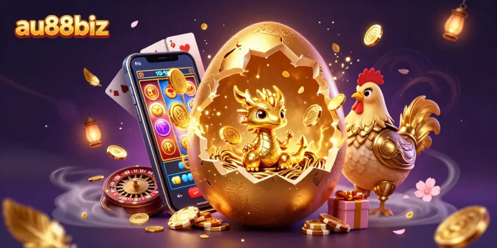 Spin and win with au88biz's dynamic golden dragon and poker chip illustration, showcasing exciting casino elements.