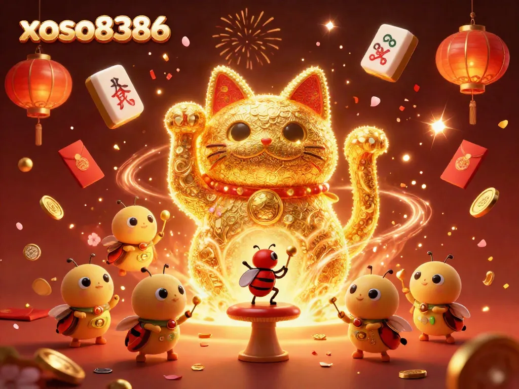 Experience the charm of xoso8386 through a 3D illustration of a lucky cat amid vibrant casino symbols.