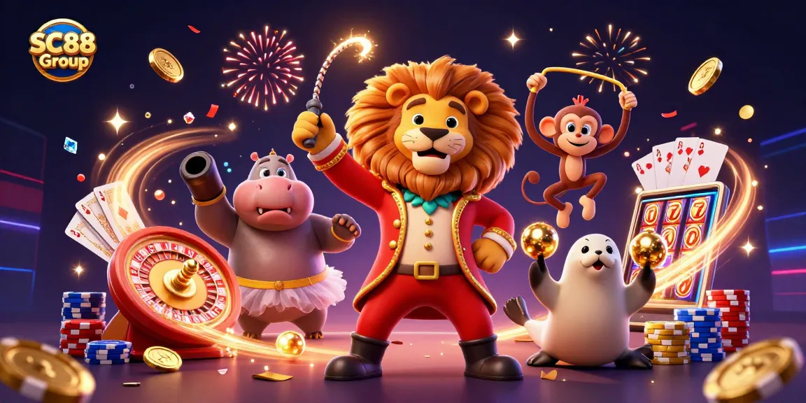 Celebrate wins with SC88 Group in this vibrant 3D casino illustration featuring iconic characters.
