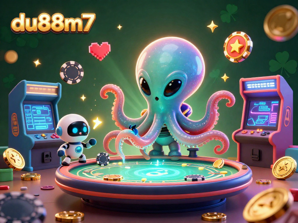 Experience high-stakes poker with du88m7 featuring an alien octopus and robot in a vibrant gaming scene.