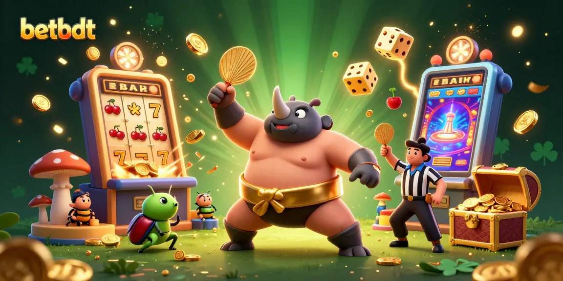 Engaging scene featuring the betbdt rhinoceros beetle sumo champion amidst golden coins and casino elements.