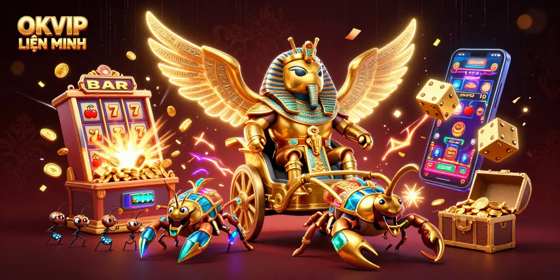 Experience thrilling games with OKVIP LIÊN MINH, dynamic 3D casino illustration full of excitement.
