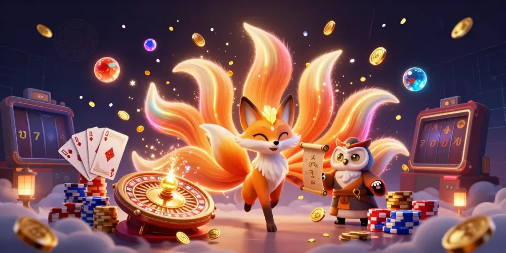 Engage with the vibrant Sunwin gaming experience featuring a nine-tailed fox, owl sage, and dynamic casino elements.