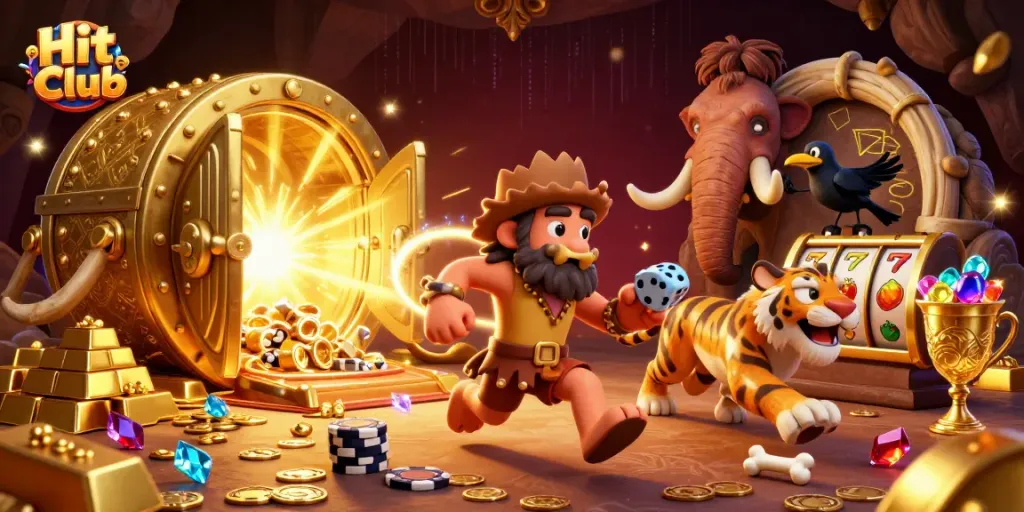 Engage in rich gameplay at Hit Club, a vibrant 3D casino scene filled with treasures and animated characters.