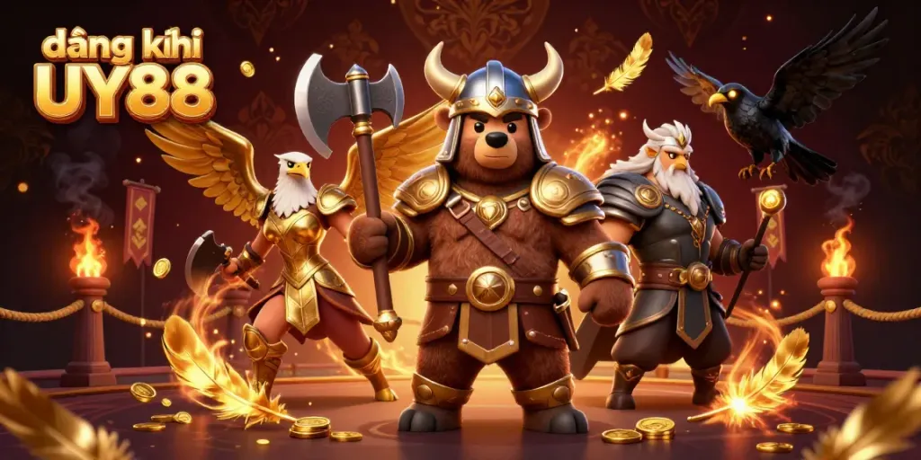 Immerse in the world of đăng ký UY88 with a captivating Viking bear and golden eagle amid a dynamic casino atmosphere.