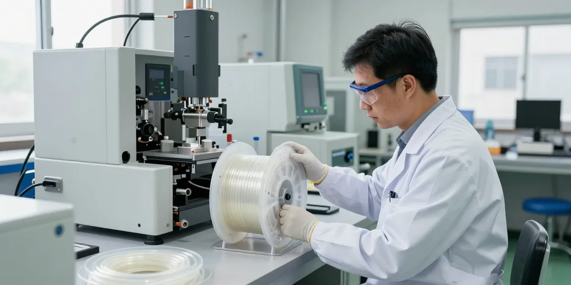 Inspectie van FEP teflon slang in een professionele industriële omgeving met precisie-instrumenten.