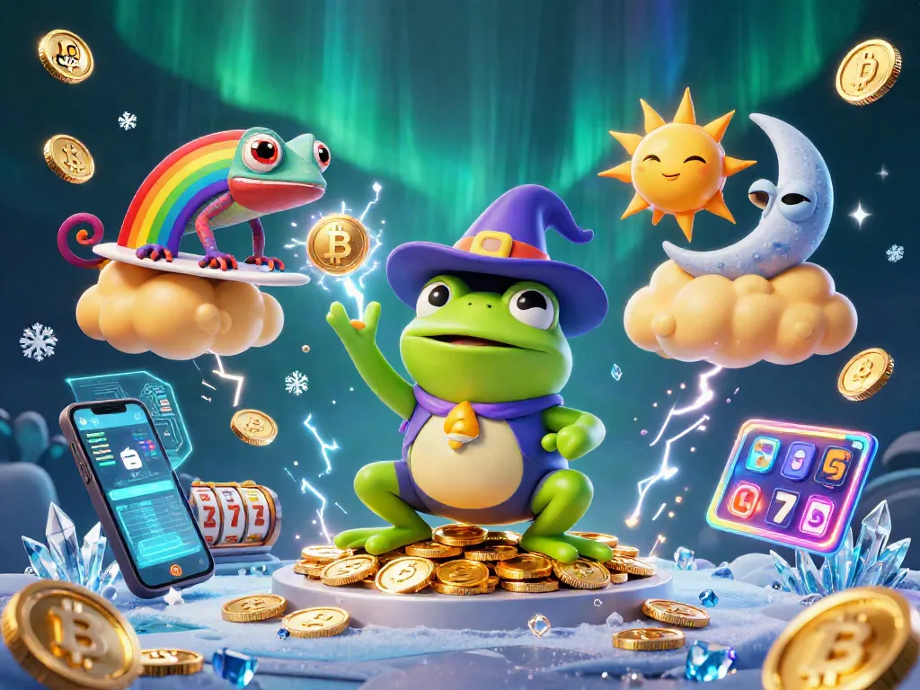 llwin casino illustration showcasing a weather wizard frog with golden coins and a rainbow chameleon amidst vibrant game elements