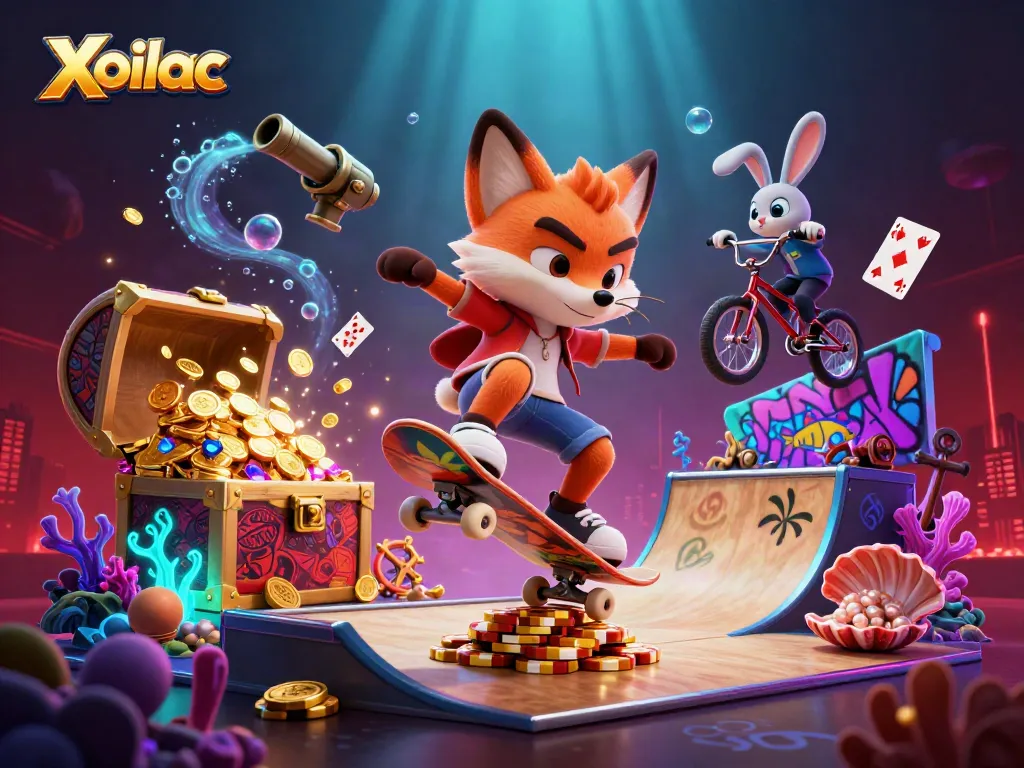 Xoilac showcases an energetic 3D scene with a skateboarder fox and BMX rabbit amidst vibrant casino-themed elements.