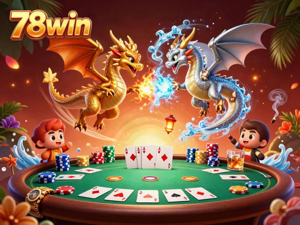 Engaging 78win online casino scene with gold and silver dragons and vibrant poker elements.