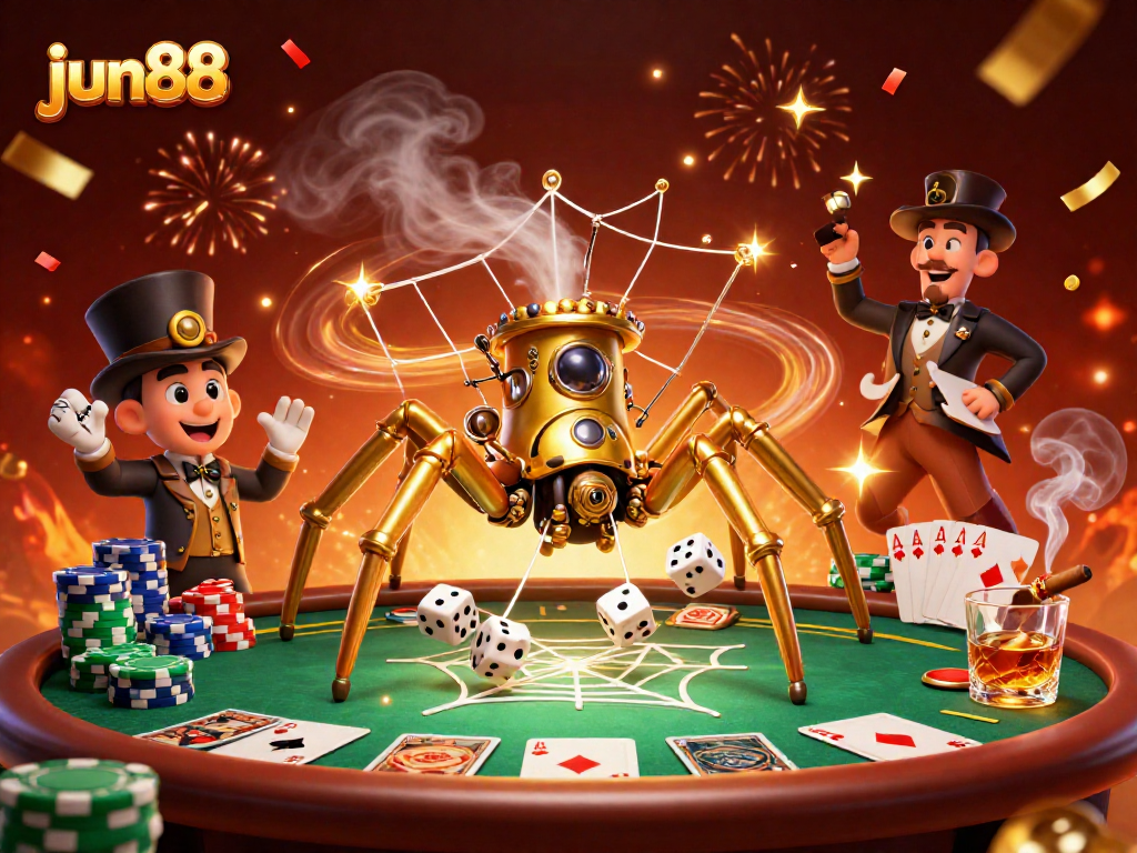 Catch thrilling moments at jun88 with an intricate steampunk spider web of poker chips and dice.