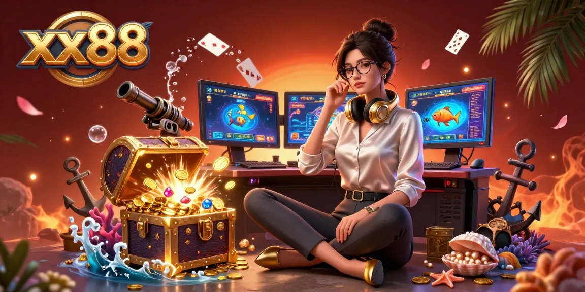 Engaging scene with xx88 showcasing a skilled player at a high-tech gaming setup, featuring casino games and vibrant underwater elements.