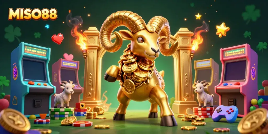 Join MISO88 for thrilling slots and jackpots surrounded by a golden ram and vibrant gaming machines.