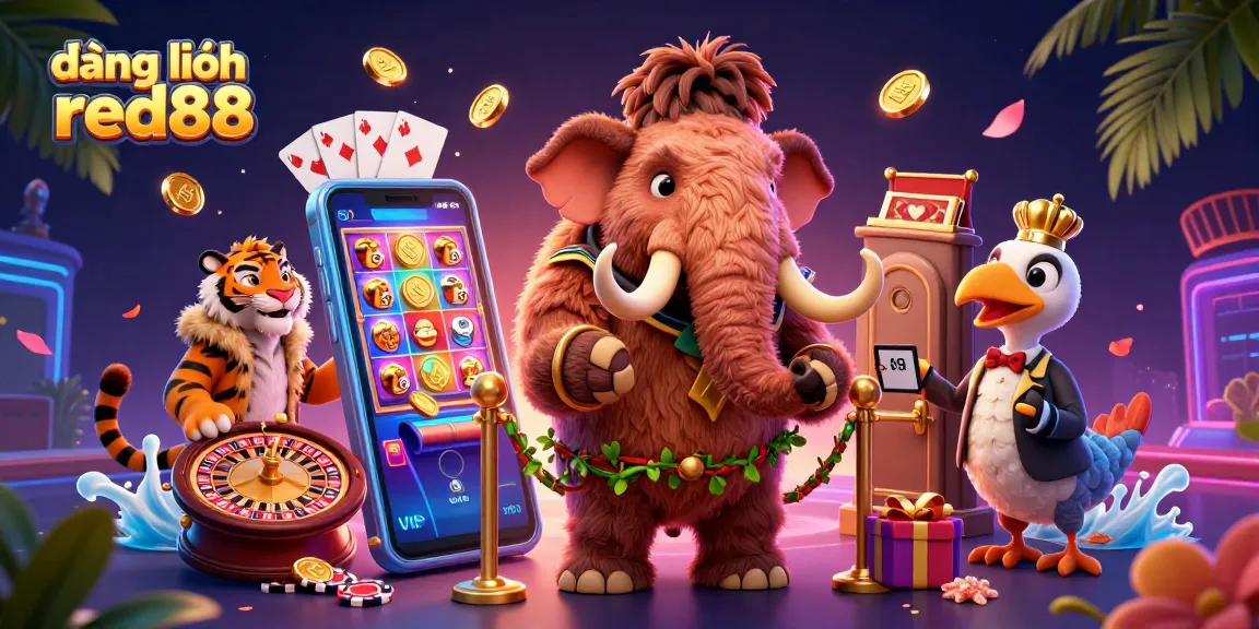 Experience the vibrant energy of đăng nhập red88, featuring cartoon characters in a rich casino setting with dynamic game elements.