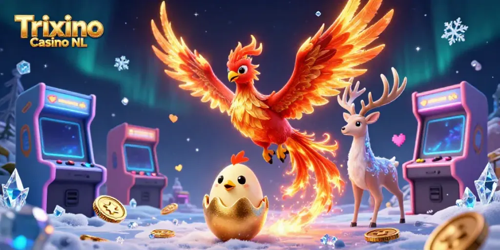 Trixino Casino NL engaging 3D illustration featuring a soaring fire phoenix and a mystical stag amidst vibrant gaming elements.