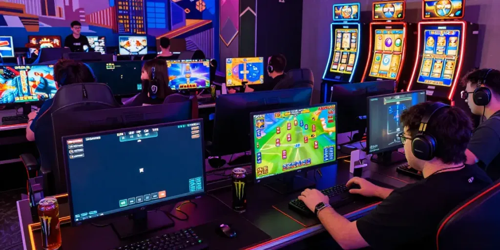 Playful online gaming scene with HITCLUB players enjoying engaging games in an electrifying environment.