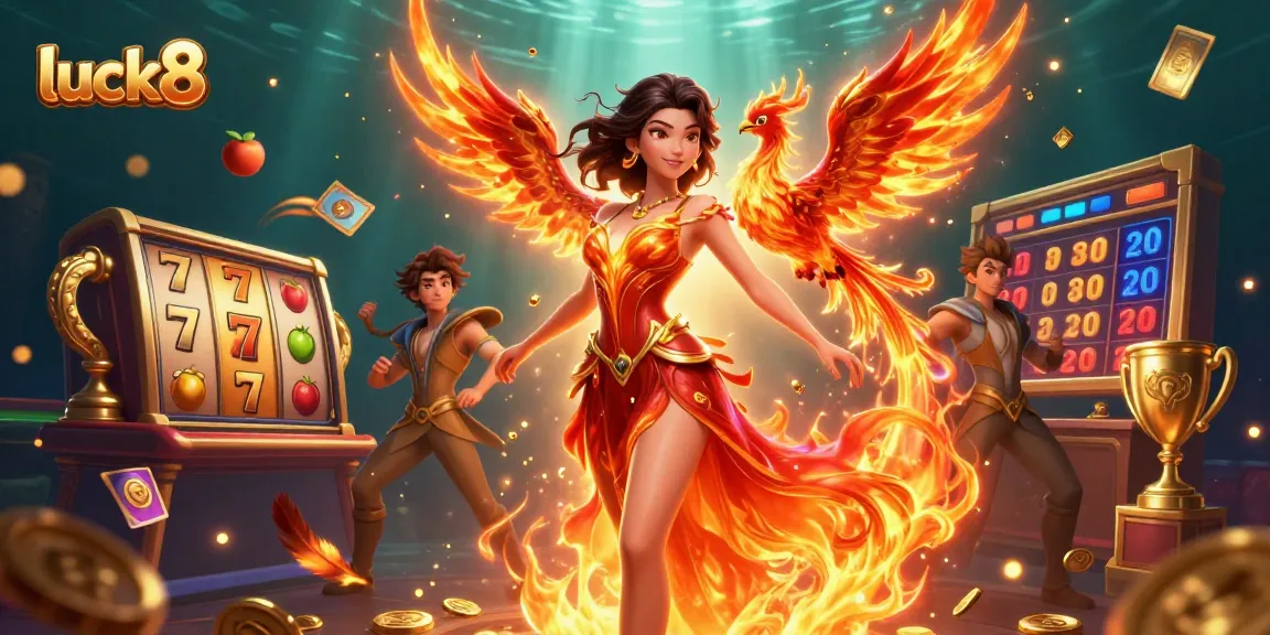 Experience the thrill of luck8 with a vibrant casino illustration showcasing slot reels, golden elements, and a stunning character.