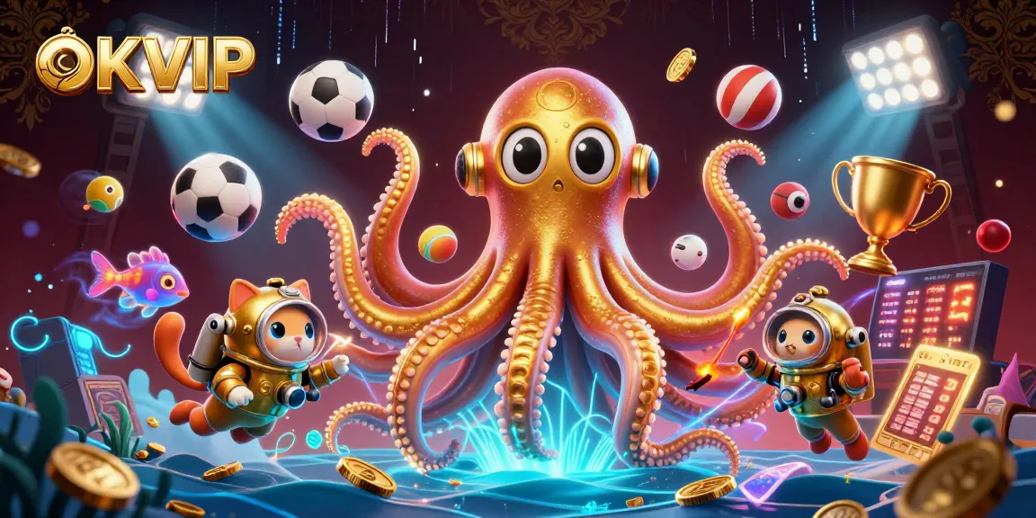 Experience the thrill of OKVIP with a vibrant 3D illustration showcasing sports betting excitement and a dynamic ocean scene.