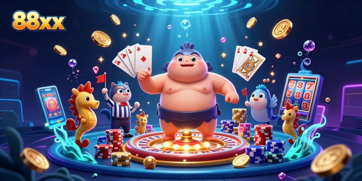 Experience the excitement of 88xx with a dynamic underwater casino scene featuring a blowfish, catfish referee, and dazzling game elements.