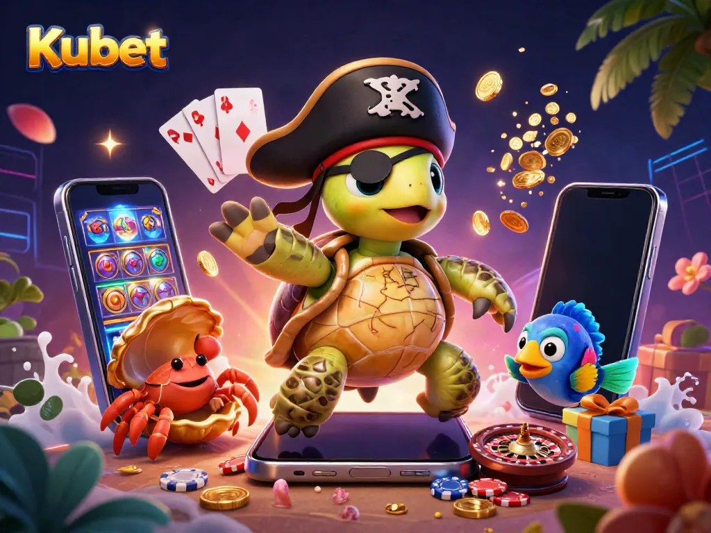 Kubet offers a vivid casino experience, featuring a 3D cartoon turtle and crab amidst vibrant slot games.