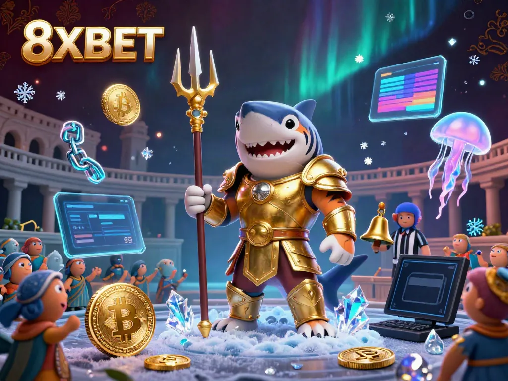 Engage in thrilling gaming at 8XBET with dynamic digital scenes featuring a tiger shark and crypto elements.