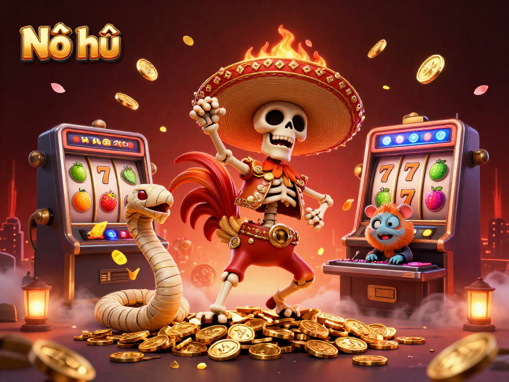 Nổ hũ brings a vibrant scene with lucky 7s and golden coins spinning amidst festive characters.