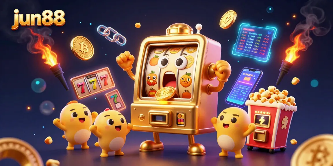Experience the excitement of jun88 with a dynamic 3D scene of a golden slot machine hitting a jackpot, surrounded by cheering baby slot machines and cryptocurrency elements.