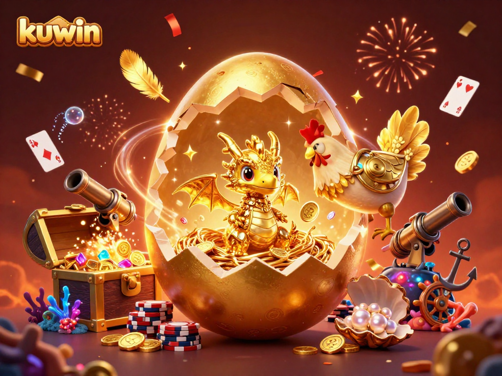 Experience kuwin's thrilling gaming atmosphere with a golden dragon and poker chips amidst treasures.