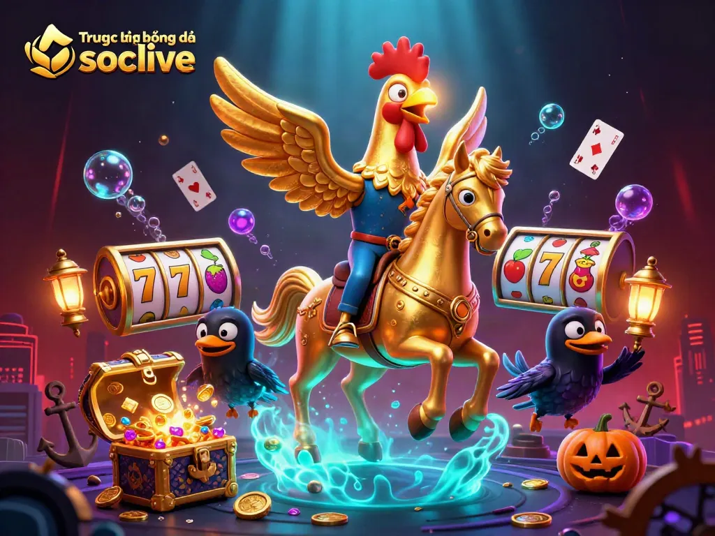 Watch Trực tiếp bóng đá socolive with a golden rooster and vibrant casino scenes filled with coins and gems.