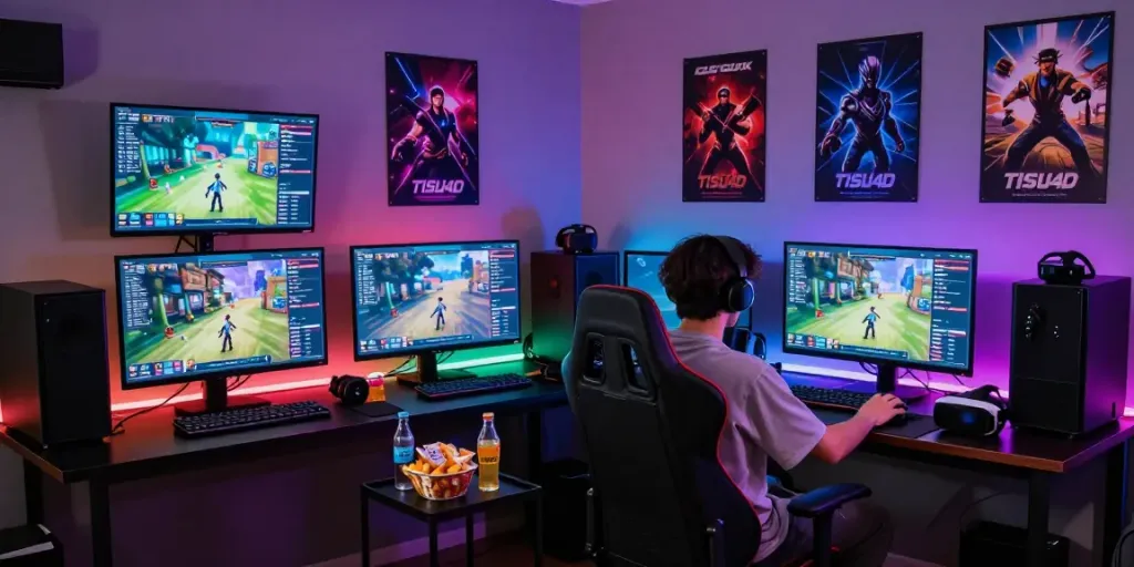 Gamer fokus memainkan TISU4D di ruang bermain modern dengan pencahayaan LED berwarna.