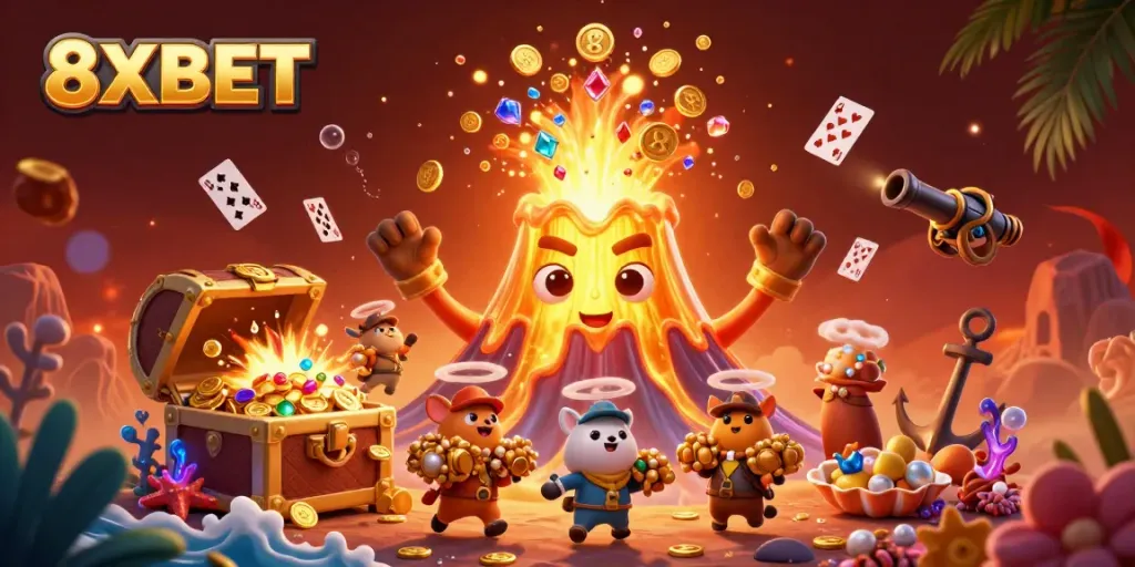 Experience the thrill of winning with 8XBET amidst treasure and excitement in this vibrant 3D casino scene.