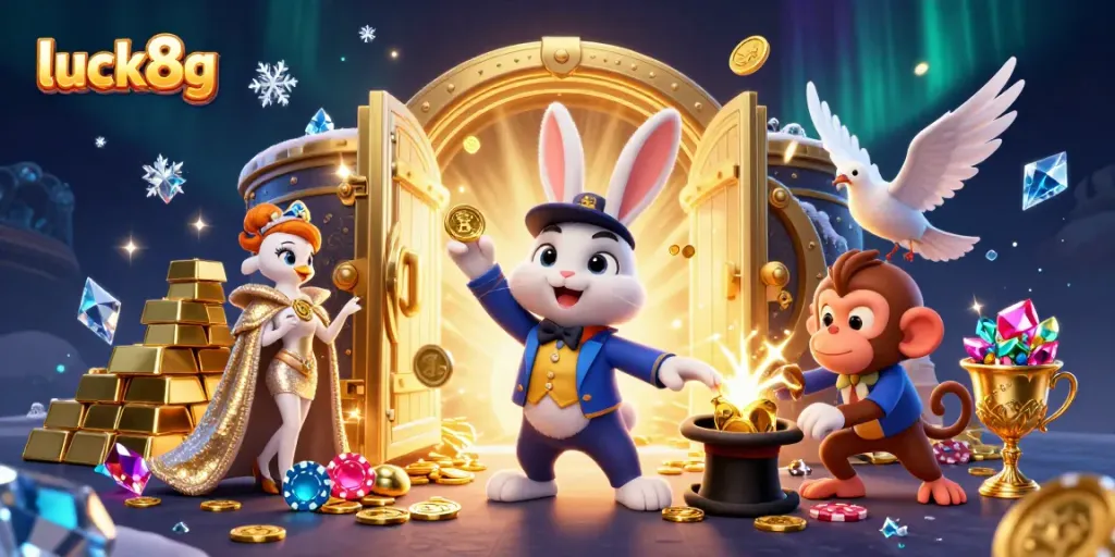 Engage with luck8g in a magical casino scene featuring a magician rabbit and vibrant treasures.