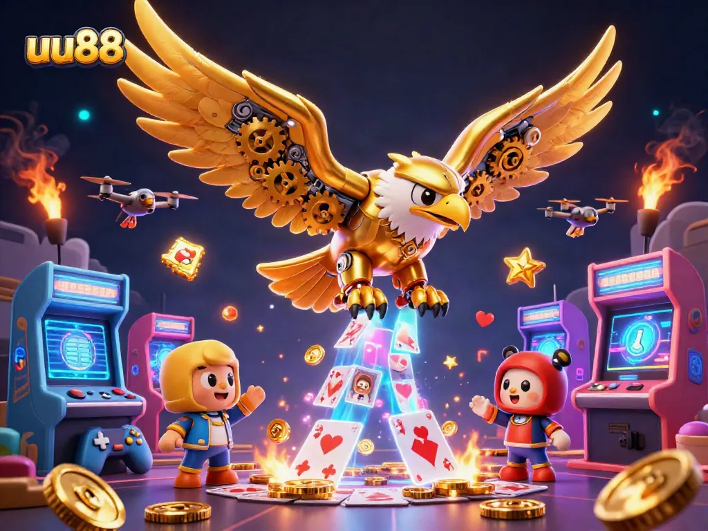 Engage with the vibrant world of uu88 as a golden eagle dives through holographic cards.