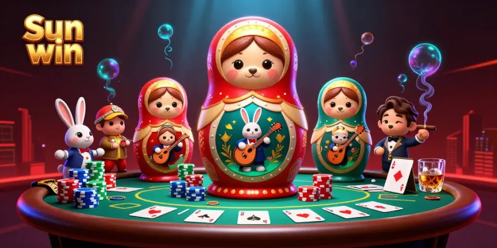 Experience the excitement of Sun win with a vibrant casino-themed scene featuring exciting gambling elements and lively characters.