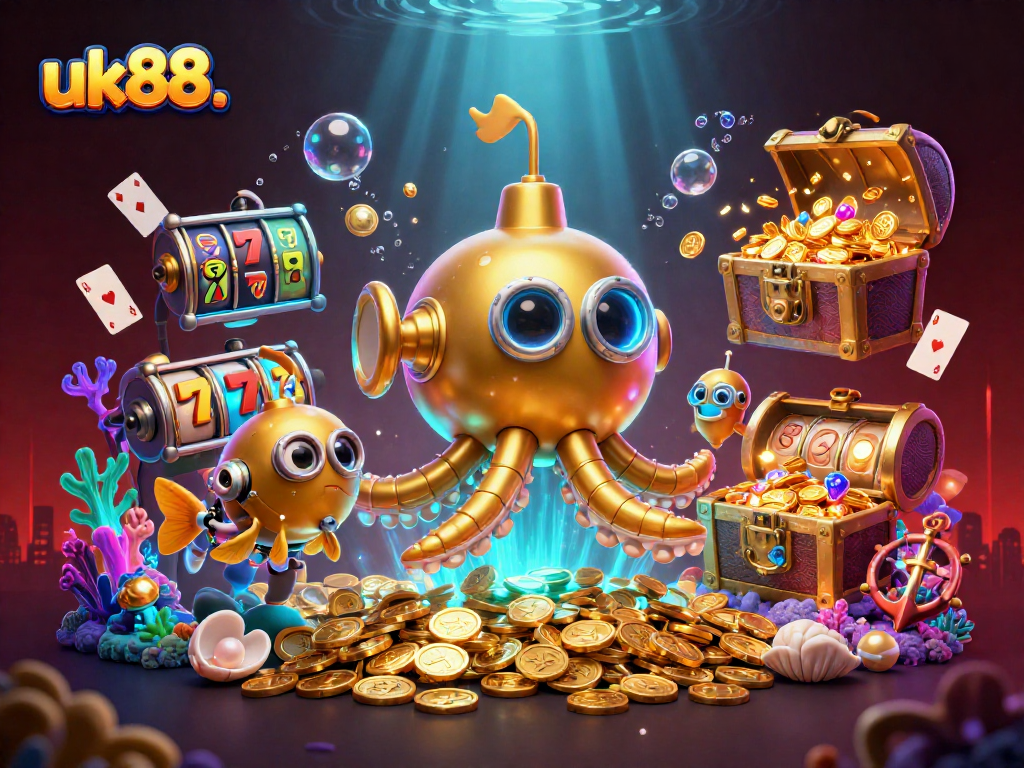 Experience the thrill of uk88. with a vibrant underwater casino scene featuring a golden kraken.