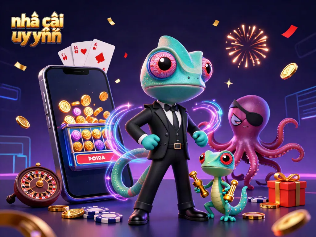 Experience vibrant action with nhà cái uy tín as a chameleon, gecko, and octopus celebrate casino winnings.