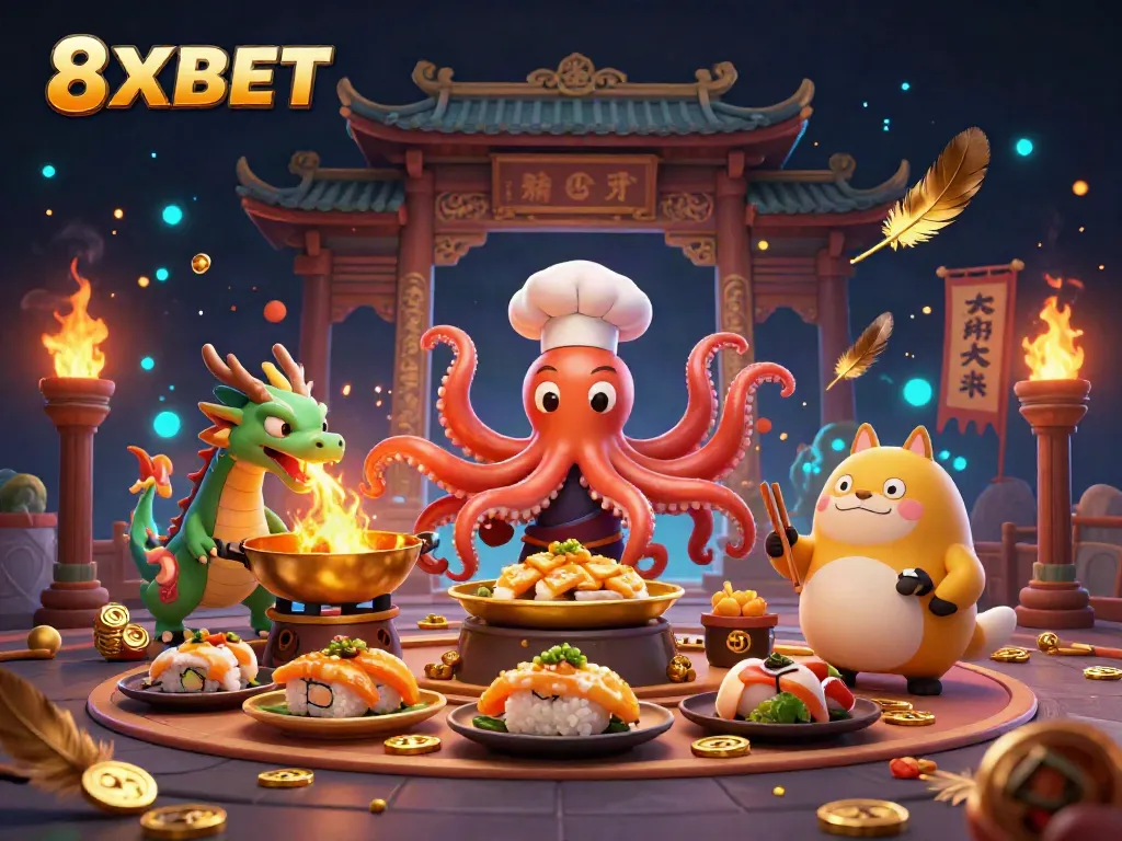 Engage in thrilling gameplay with 8XBET's vibrant digital casino illustration showcasing a sushi chef octopus, a dragon, and a tanuki in a rich atmosphere.