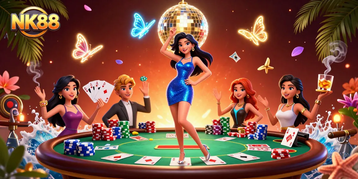 Experience the thrill of winning with NK88 in this vibrant casino-themed digital illustration.