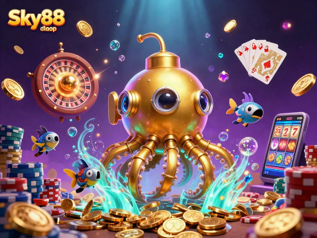 Engage with Sky88 đăng nhập through this vibrant 3D illustration of a casino adventure, featuring dynamic gaming elements.